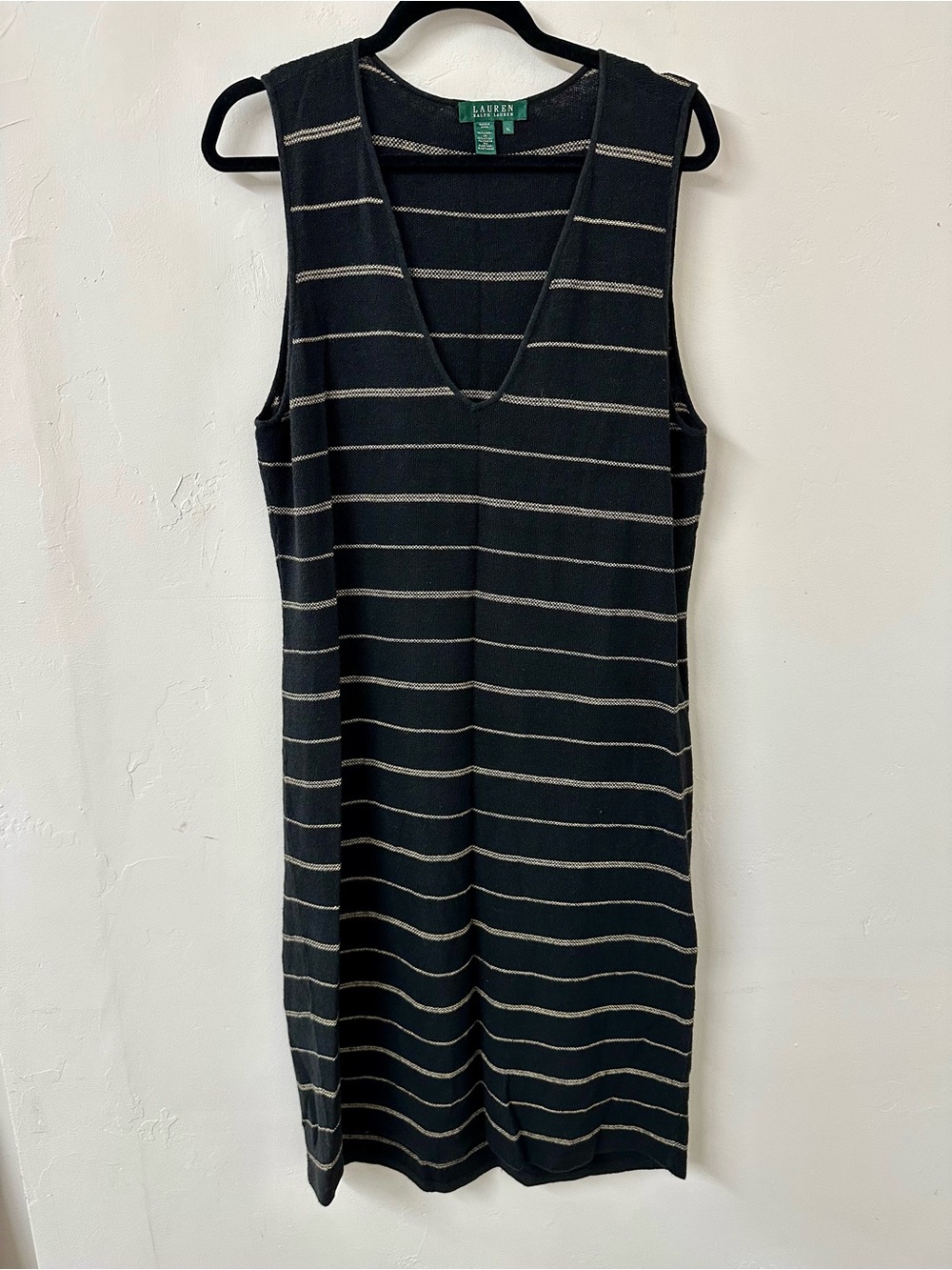 Ralph Lauren Black Midi Knit Dress with Cream Stripes